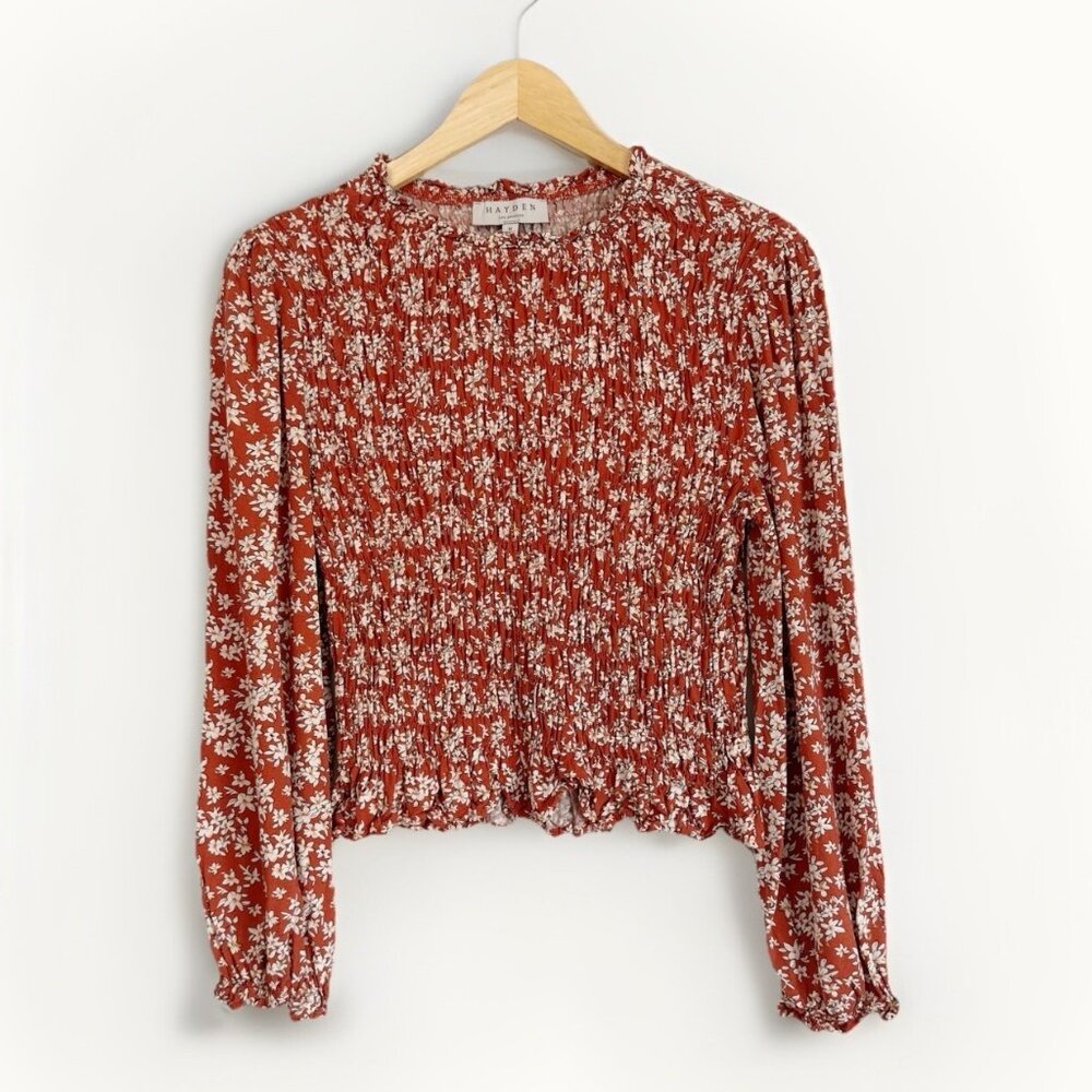 Hayden LA Rust Red Floral Smocked Top Medium Long Sleeve Ruffle Cottagecore Fall